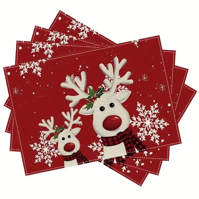 VIKAMA 2/4/6pcs Christmas Reindeer Printed Placemats Washable Heat Resistant Table Mats Xmas Holiday Kitchen Dining Home Decor