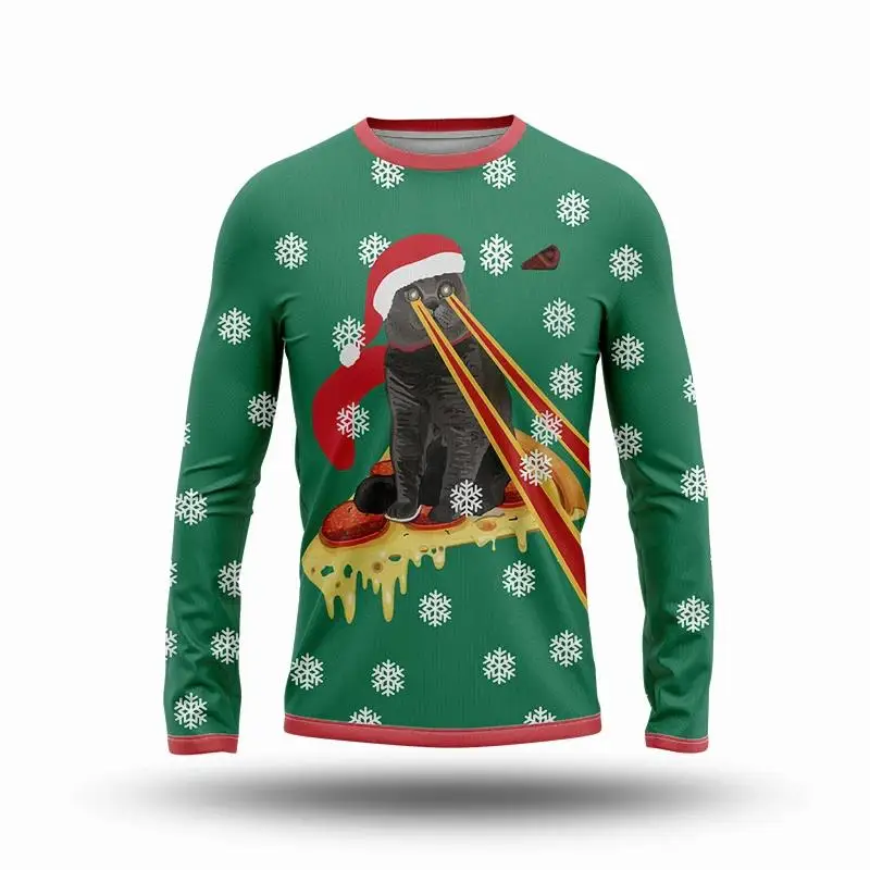 Christmas Costumes Pizza Cat Print Summer Men Women O-Neck T-shirt Casual Long Sleeve Oversized Pullover Trend Tops Men Clothing