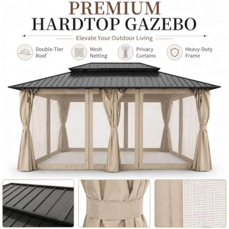 10 ft x 12 ft weatherproof hardtop gazebo with double galvanized steel roof ventilation system zippered mosquito netting privacy