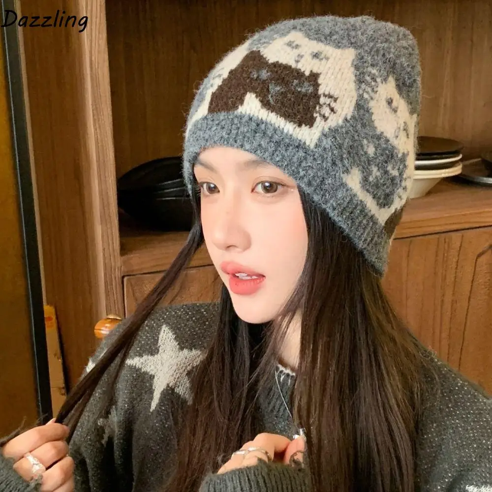 لطيف الدافئة الجاكار القط محبوك قبعة معرض جزيرة نمط الصوف الجاكار نمط بيني مطبوعة خمر الطباعة متماسكة قبعة الخريف #1