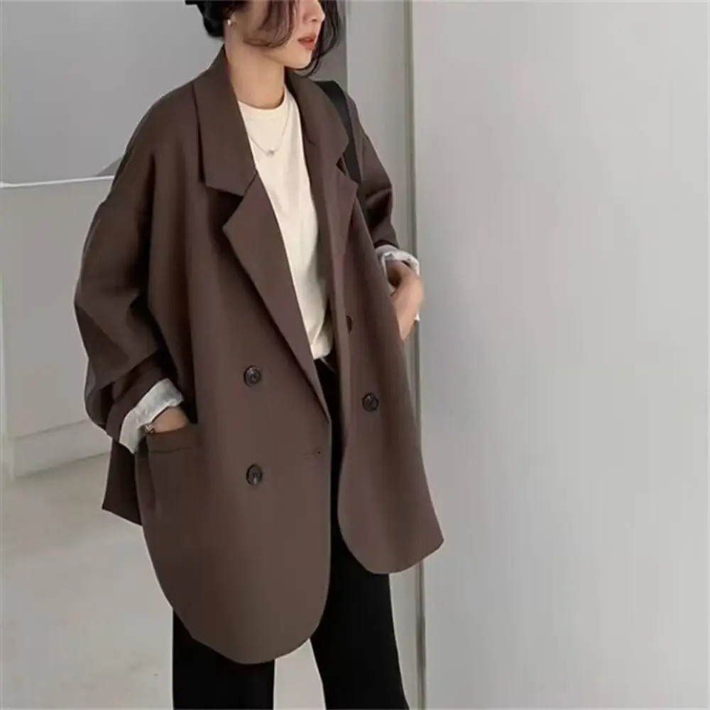 Double-breasted Vintage Jasje Lange Mouw Herfst Lente Notched Jas Vrouwen Oversized College Kleding Casual Losse Blazer