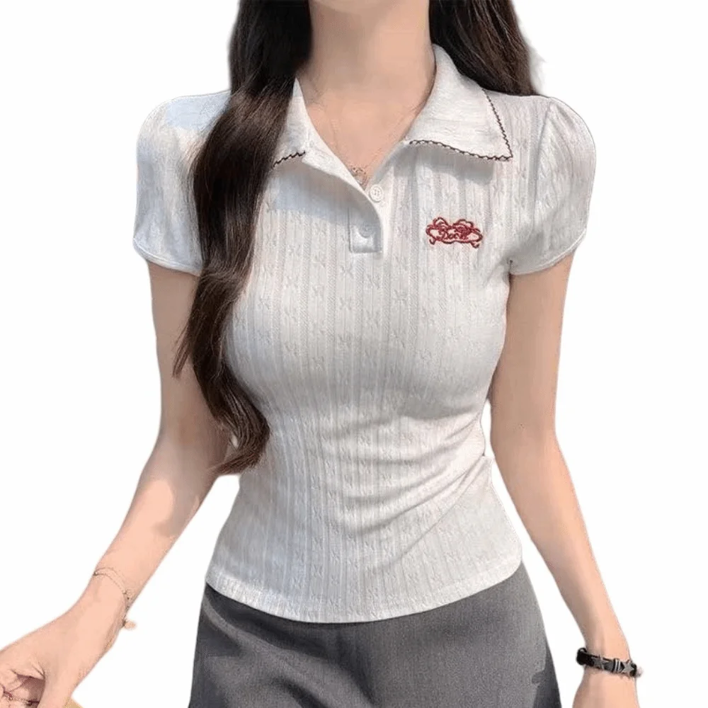 

Sweet Embroidery Korean T-Shirt Streetwear White Knitwear Tops Tanks Pullover Y2K Crop Top Girls