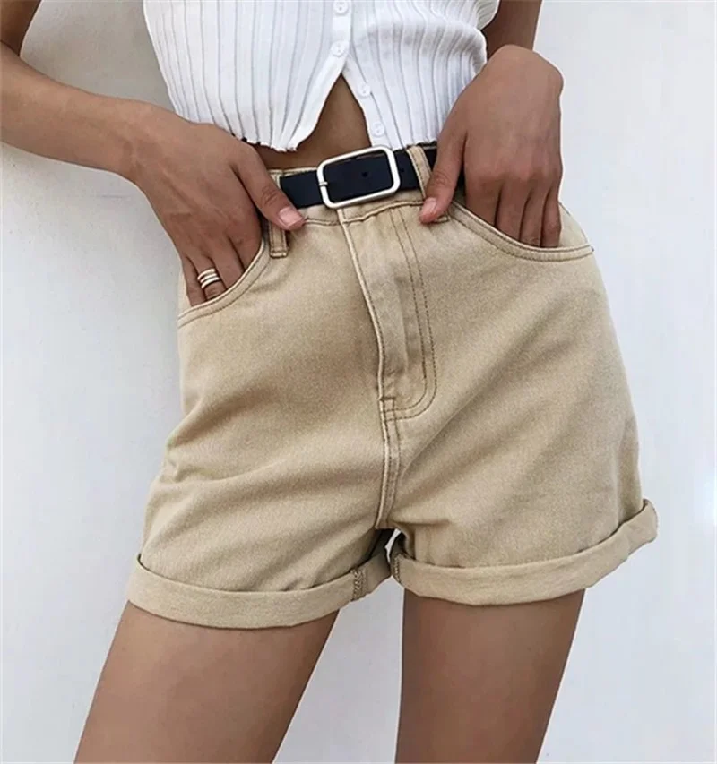 Slim Fit Belt Shorts Summer All-Match Street Fashion New Zipper Pockets Bottoms Women Vintage Sexy High Waist Khaki Denim Shorts