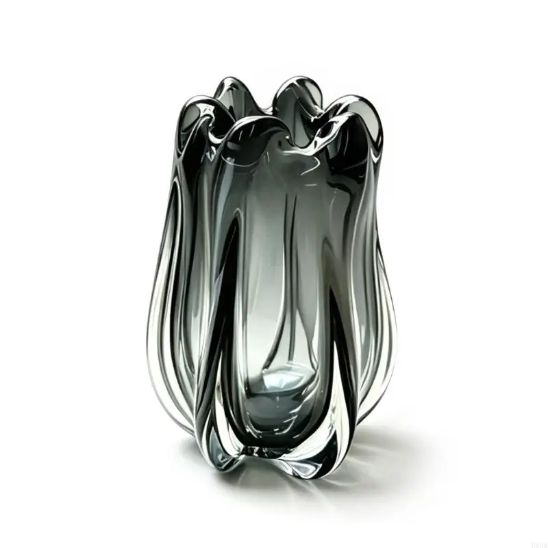 H8WB Modern Decorative Glass Vases with Gray Transparent and Sculptural Ripples Texture for Entryway, Shelf, or Table Decors