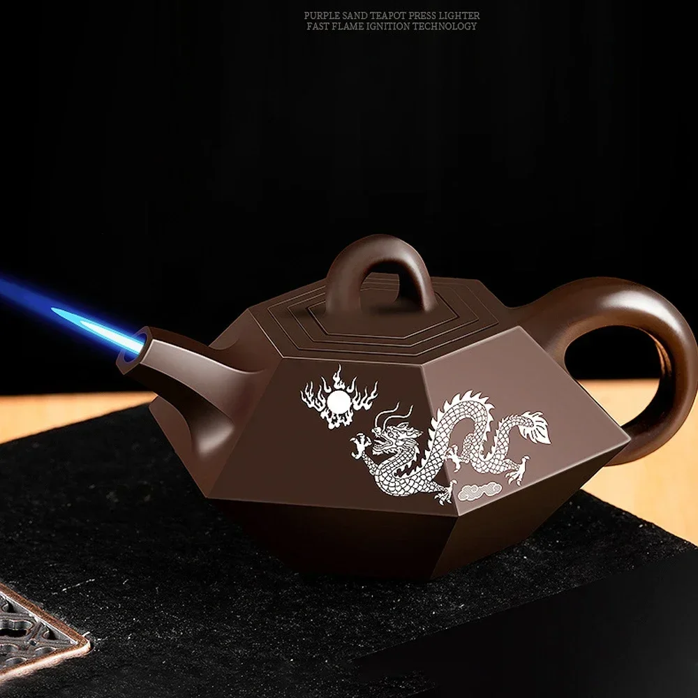 

New Teapot Model Metal Creative Funning Lighters Windproof Blue Flame Butane Gas Torch Jet Lighter Desktop Decoration