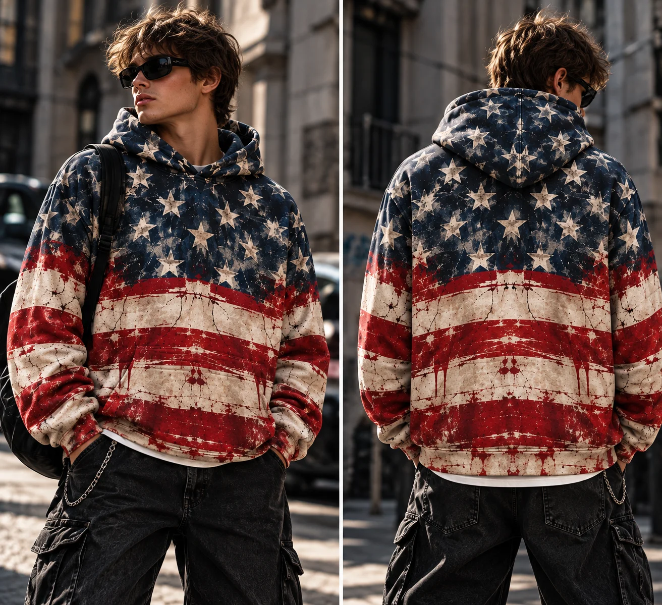 Vintage Distressed American Flag Print Family Matching Hoodie Men Women Grunge Star Stripe Hooded Sweatshirt Casual Streetwear