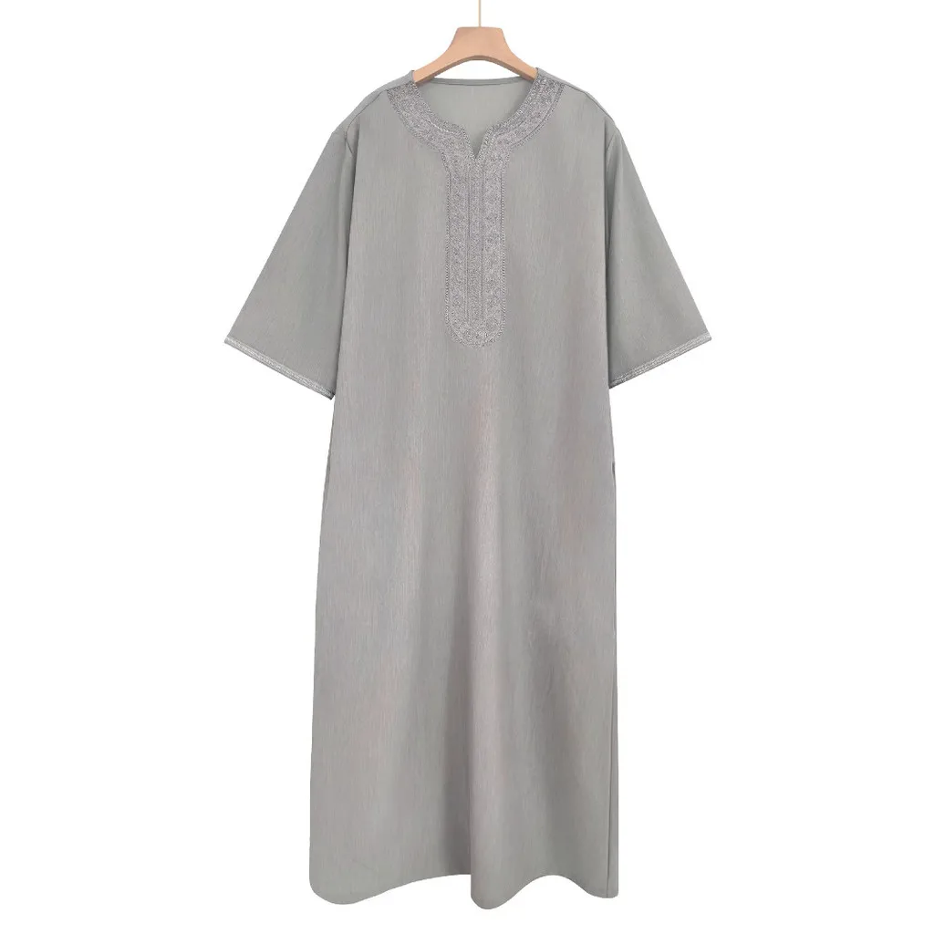 2025 Jubah Prayer Robe Ramadan Raya Men's Clothing Muslim Middle-sleeved Embroidered Moroccan Robe