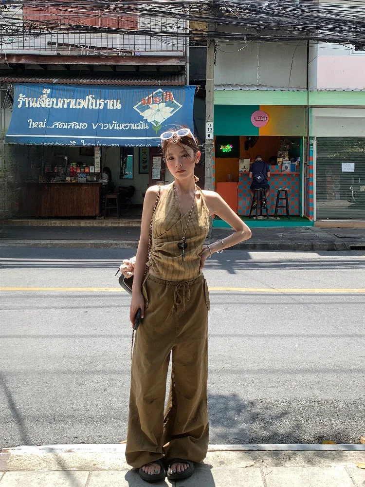 

LIONE California Diary Retro Striped Hanging Ne Vest Spicy Girl Elastic Ba Top Pants Set Women's Casual Wear