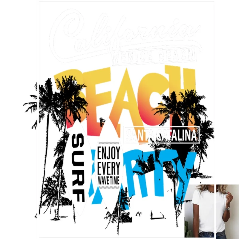 Vacation Style Beach Surf Coconut Tree Heat Transfer White Ink Iron - on Patch, Suitable for T - shirts/Canvas Bags, Summer