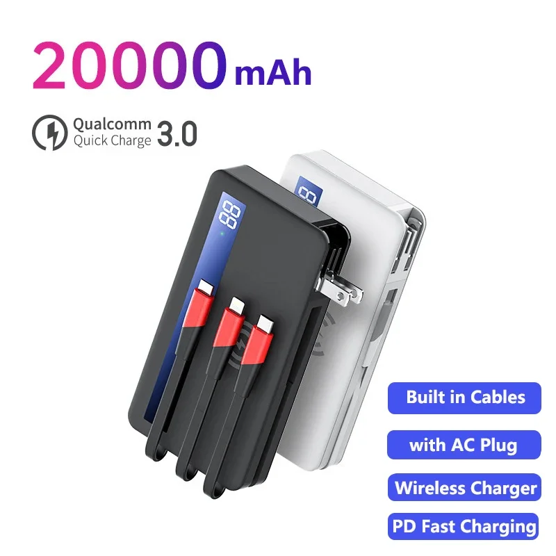 

20000mAh Wall Charger Power Bank Wireless Portable Charger for iPhone Xiaomi Samsung with AC Plug Cable Powerbank Spare Battery