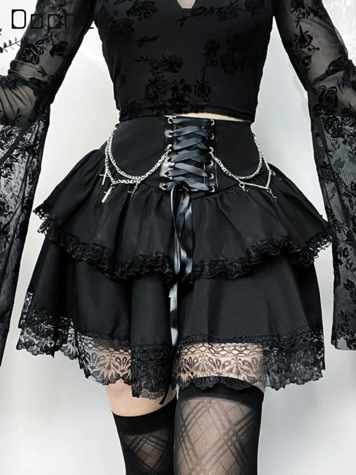 

Y2K Gothic Mini Skirt Black Bandage Lolita High Waist A Line Cake Skirt Lace Patchwork Chain Zipper Back Tutu Skirt Harajuku