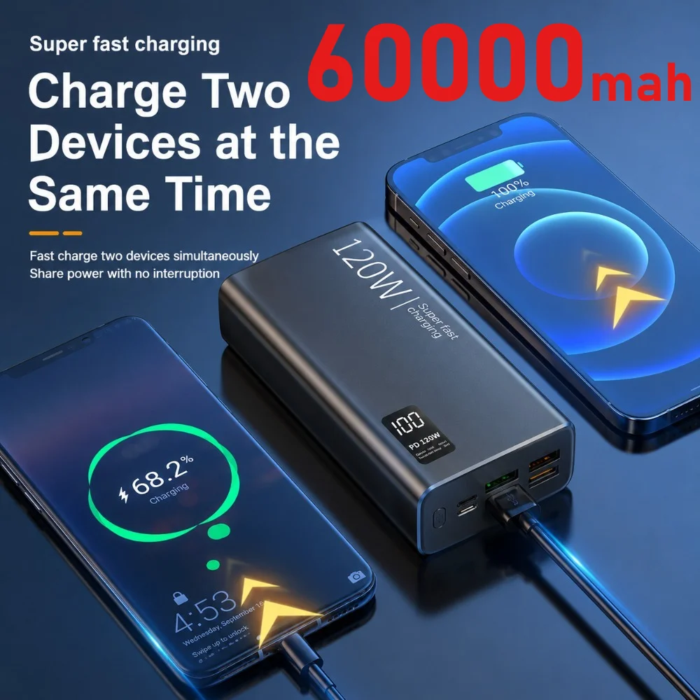 60000mAh Large Capacity Power Bank Real Standard 120W PD Super Fast Charging Ultra‑Thin Portable Mobile Power Supply