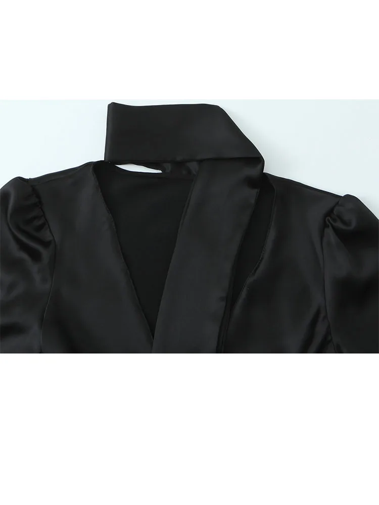 HH امرأة الربيع مثير العميق الخامس الرقبة طويلة الأكمام الشريط مطوي الديكور القمم الإناث تنوعا موضة الشارع نمط سليم قميص