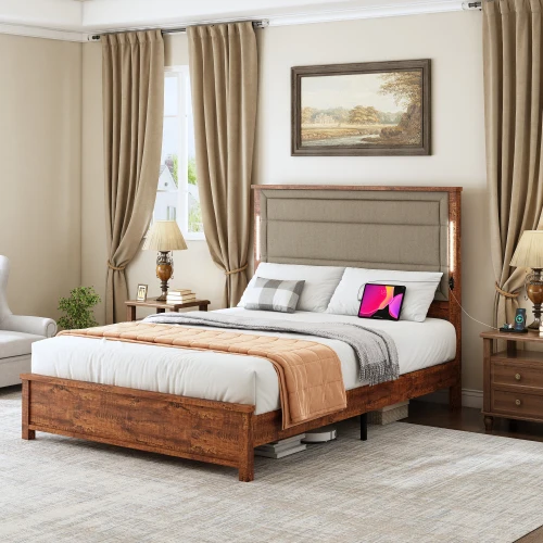 

Queen Size Bed Frame with Upholstered Headboard, Queen Bed Frame with Charging Station and LED Lights, Wood Slats