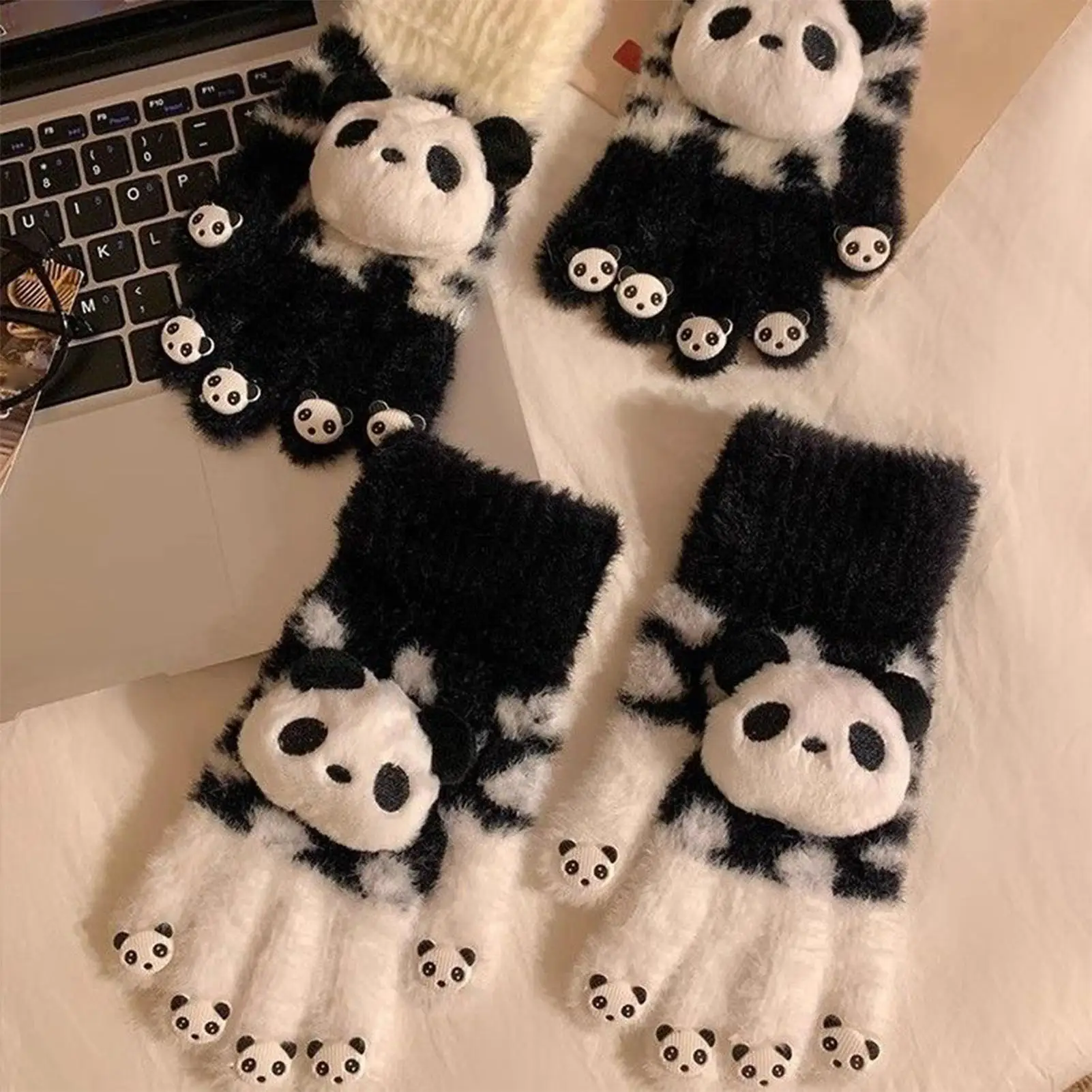 Full-fingered Gloves 1 Pair Soft Cute Panda Cycling Knitted Full-Fingered Gloves For Ladies Adults Students Commuting Travel