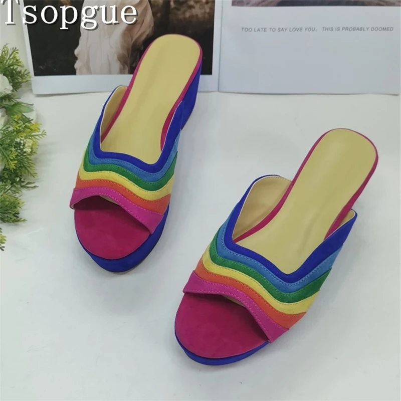 Rainbow Color Block Wedge Sandals Women New Fashion Open Toe Slip-On Platform Mules for Summer Beach & Casual Wear