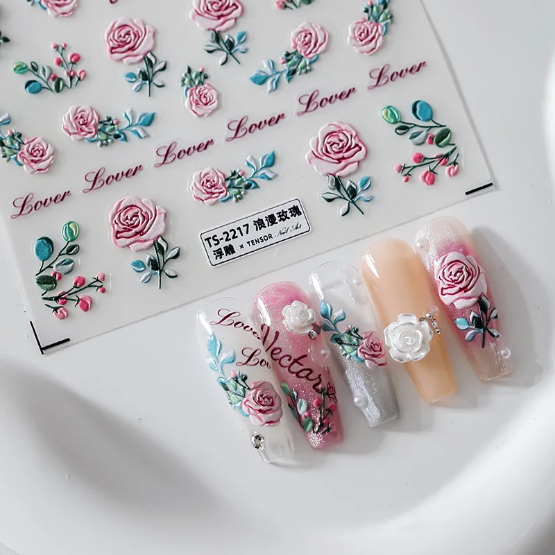 1Pcs Pink Rose Flower Nail Stickers Luxury Crystal Pearl Nail Stickers Japanese Design Adhesive Nail Art Decorat Decal Sticker ﻿