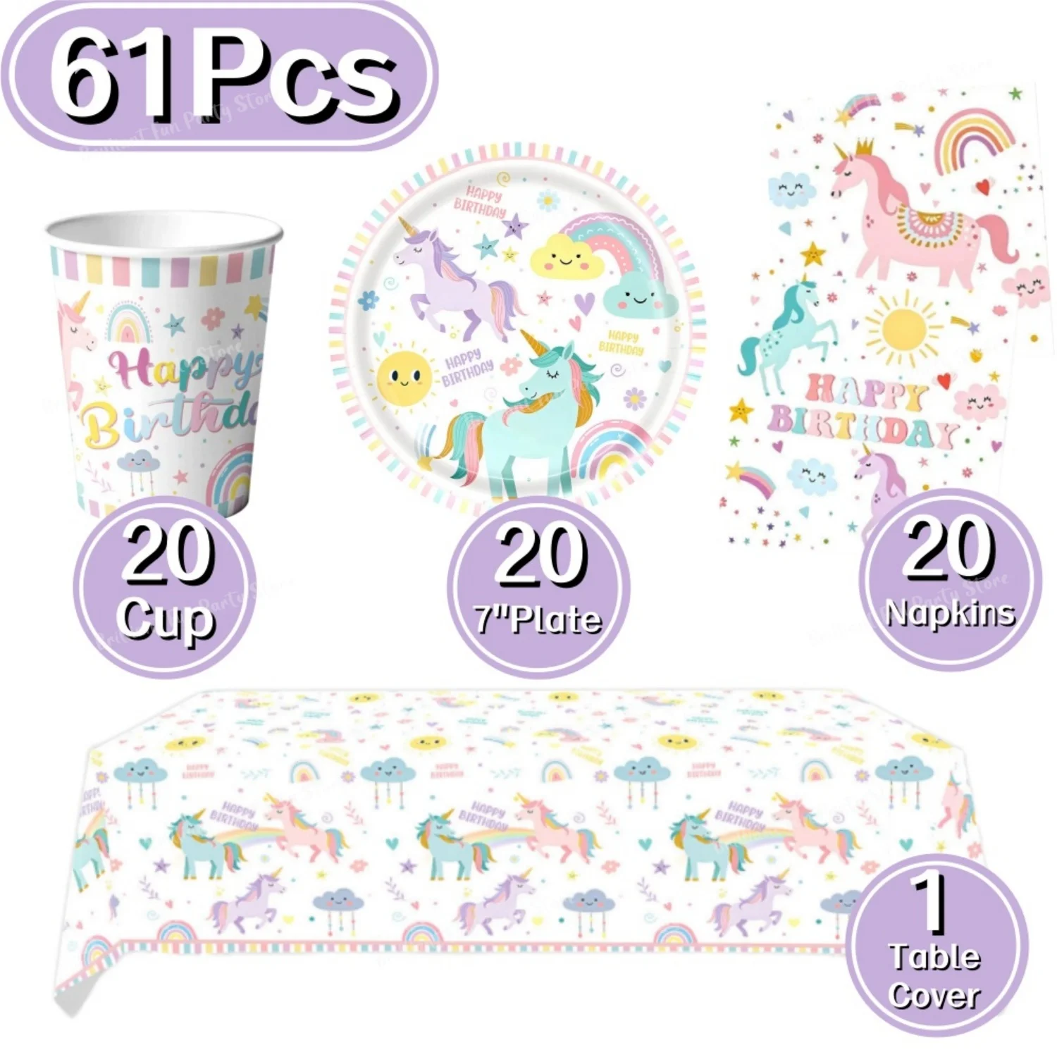 Rainbow Unicorn Birthday Decorations Kit Includes Cups Plates Napkins Tablecloth for Baby Shower Girls Birthday Party Supplies