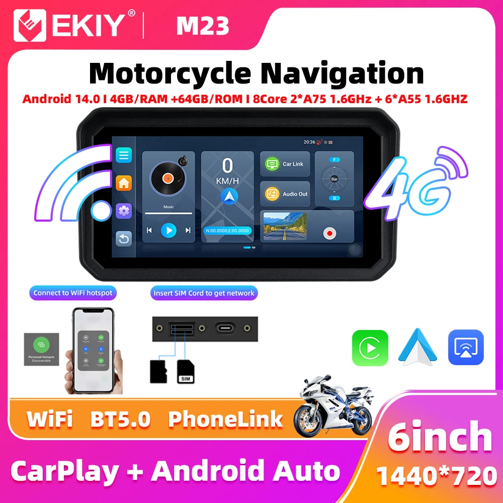 

EKIY 6" Wireless CarPlay Moto Android Auto Android 14.0 Portable Digital Motorcycle Dashboard GPS Motorcycle Navigation Screen