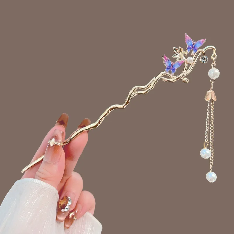 Ancient Simple Hairpins New Chinese Style Long Tassel Hair Sticks Elegant Flower Pearl Butterfly Designs Hair Accesoories image 6