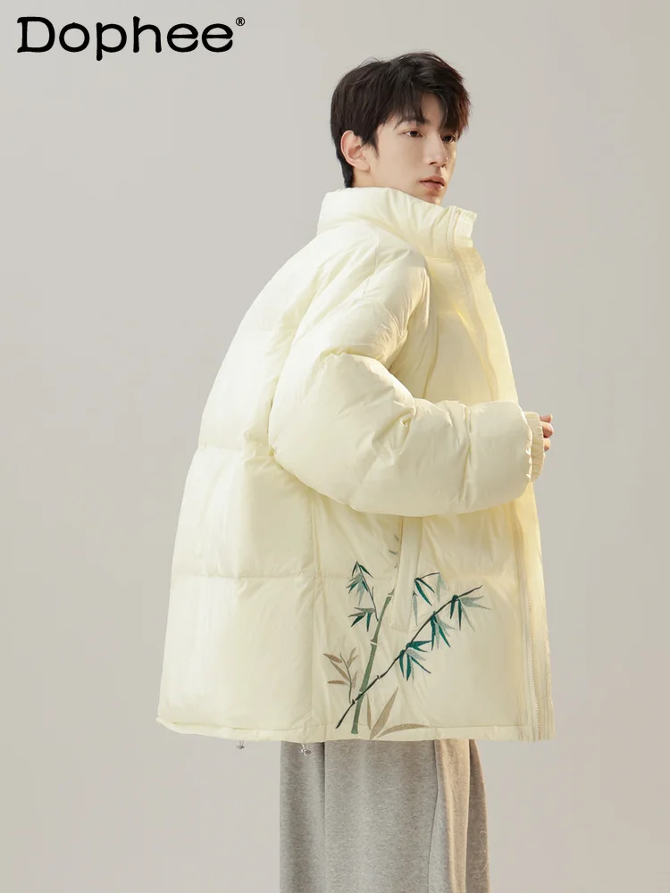 

New Chinese Style Embroidery Stand Collar Cotton-Padded Coats Men's Winter 2024 New Bread Coat Over Size National Fashion Coat