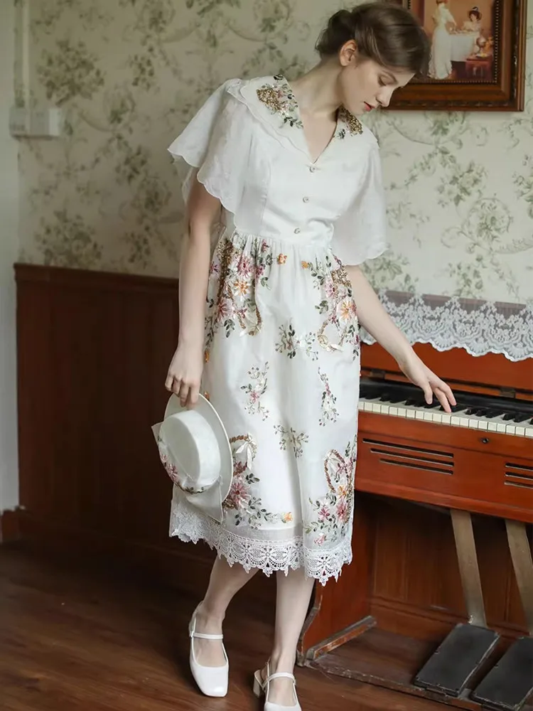 AIGYPTOS Summer Midi White Dress For Women Vintage Elegant Slim Handmade Beading Antique Ribbon Embroidery Limited Edition Dress