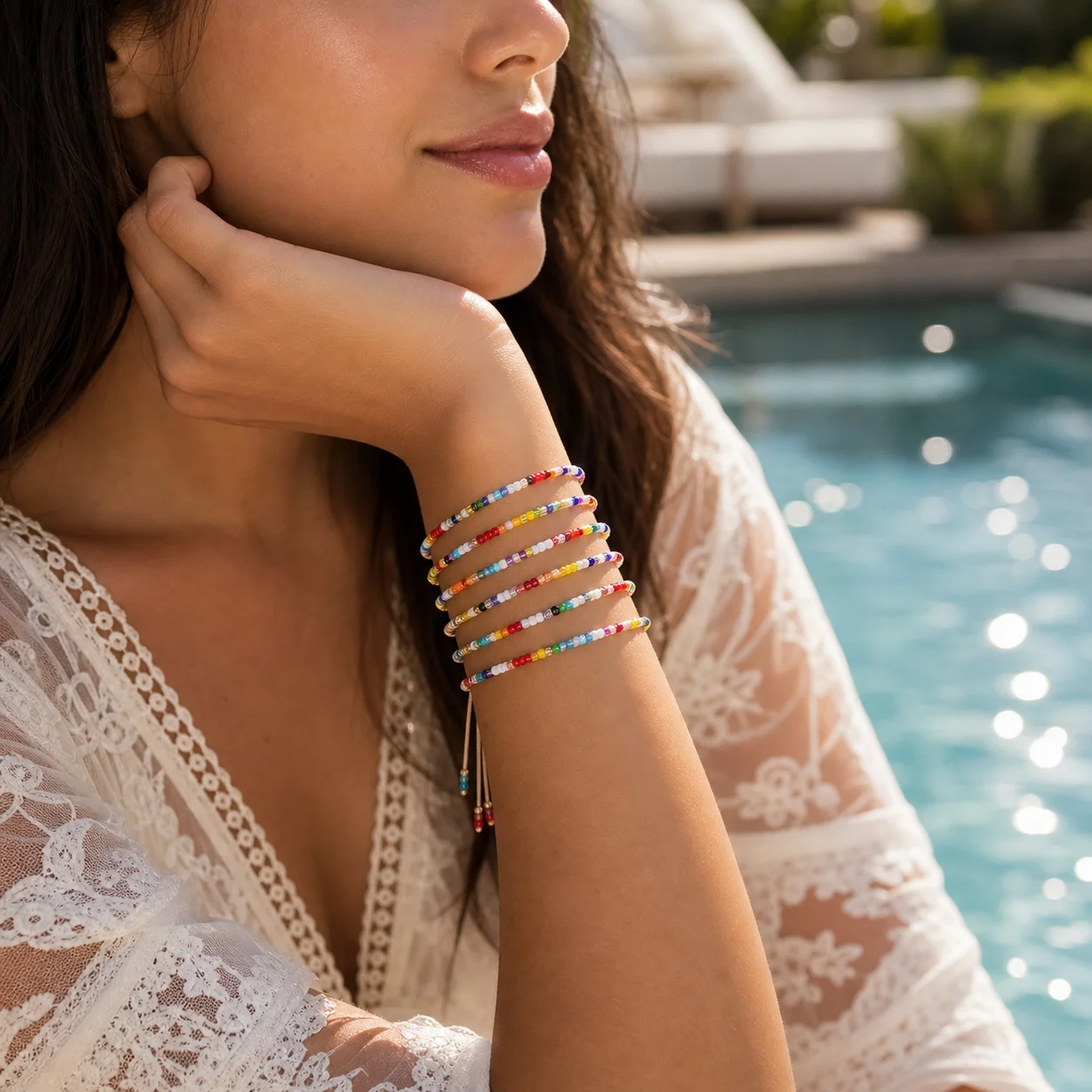 6pcs Colorful Glass Beaded Wrap Bracelet Round Bead Tie Closure Boho Layered Wristband for Women Summer Beach Style