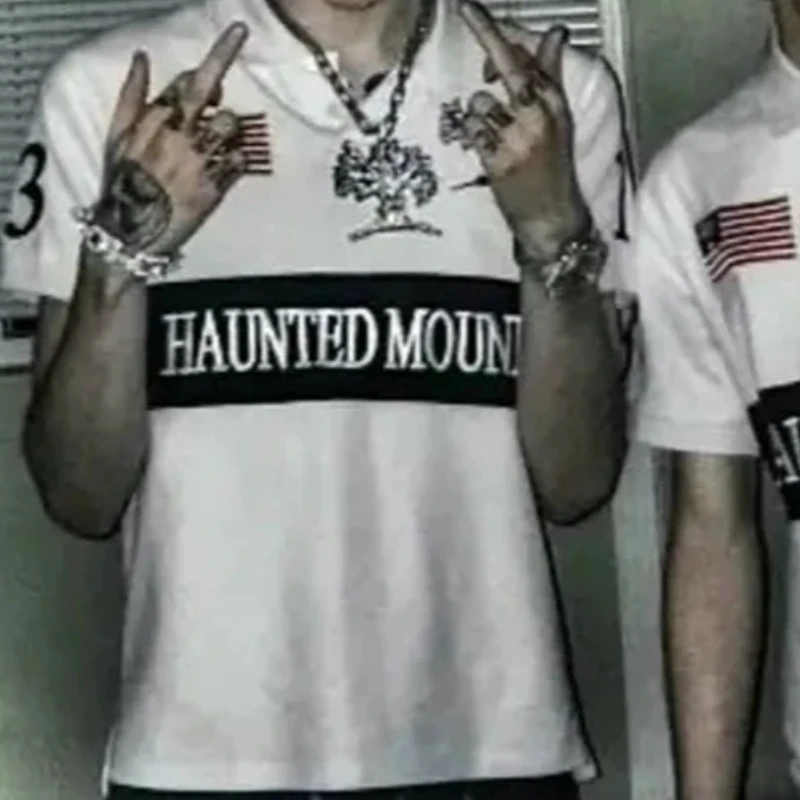 Y2K เสื้อโปโลพิมพ์ลายวินเทจฮิปฮอปลำลองกีฬาเสื้อยืดโอเวอร์ไซส์แขนสั้นเย็บตัดกันใหม่คู่ TEE