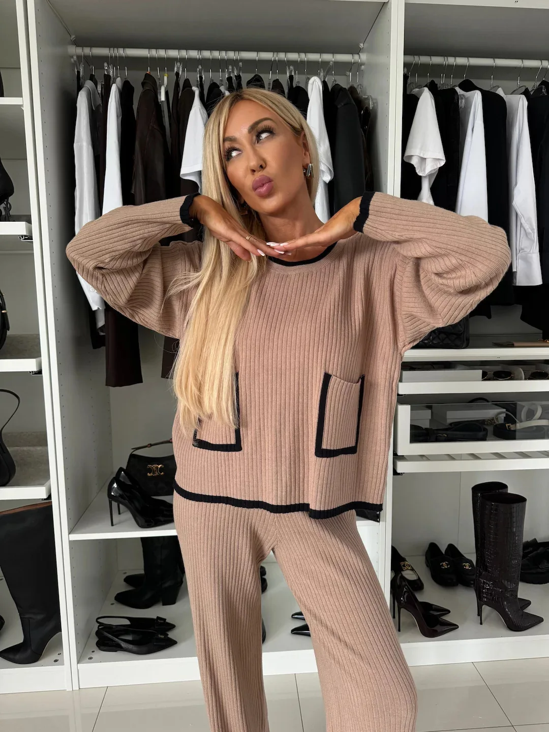 Casual Knitted Home Set Women\'s Warm Pocket Top Pants Tracksuit Women Two Piece Long Sleeve High Waisted Trousers 2 Piece Outfit