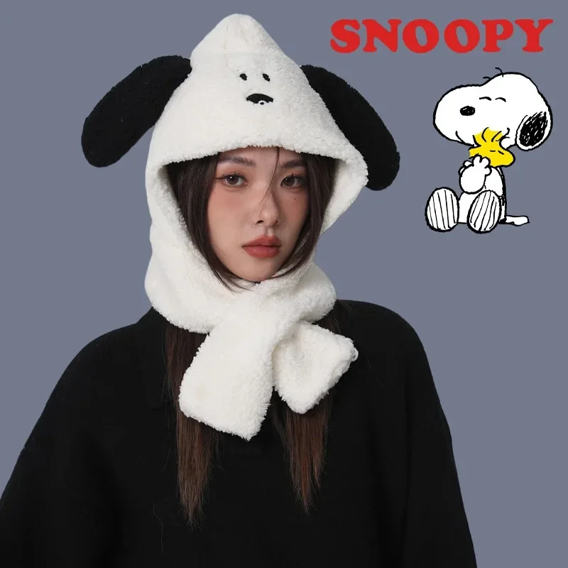 Snoopy Warm Hat Plush Scarf Autumn Winter Cute Women Girls Headgear Cartoon Student Kawaii Anime Ear Furry Protection Riding Cap