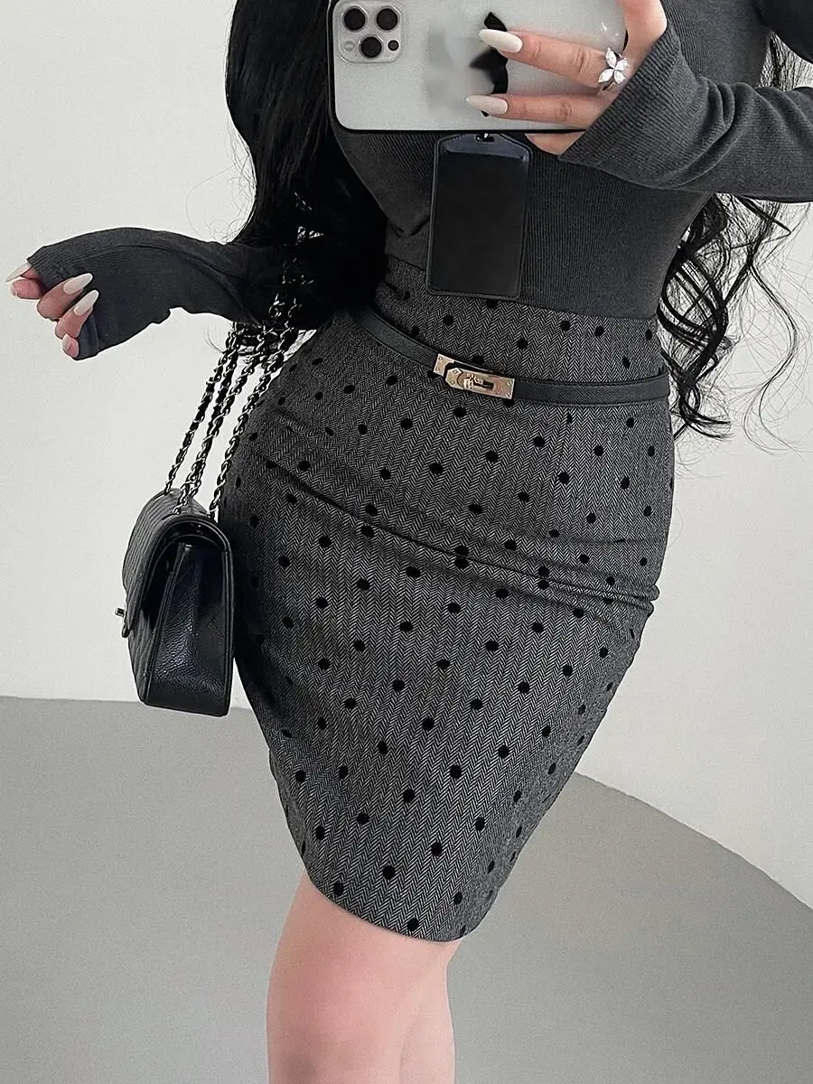 

Korean Style Pure Desire Style High Waist Slimming Plush Polka Dot Mid Length Skirt Waist Belt Fashion Sexy Mini Skirts GJ46
