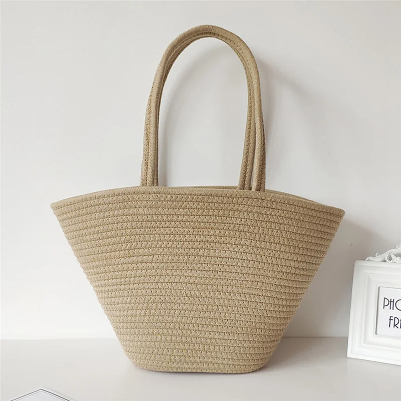 N09R Fashion Retro Cotton Rope Woven Straw Bag Capacity High-End Sense Tote Women for Travel, Holiday, Shopping, Party