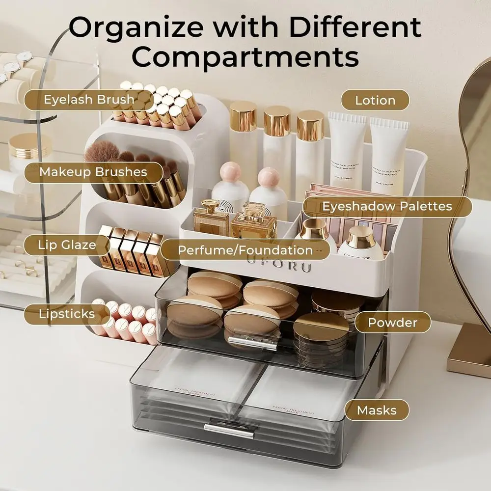 Makeup Organizer Countertop Vanity Bathroom | Large Capacity, Thickened Plastic, 2 Clear Drawers, Compact Size, Detachable Brush view 3