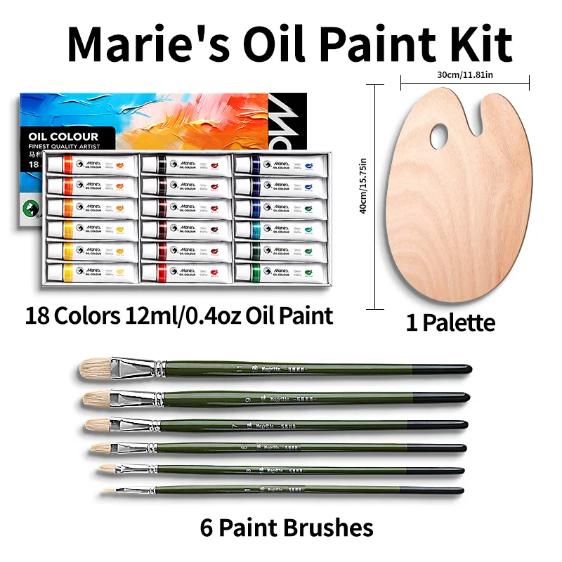 25pcs Marie's Oil Paint Set for Artists, 18 Vibrant Colors(12ml/0.4oz Tubes), 6pcs Paint Brushes and 1pc Wooden Palette