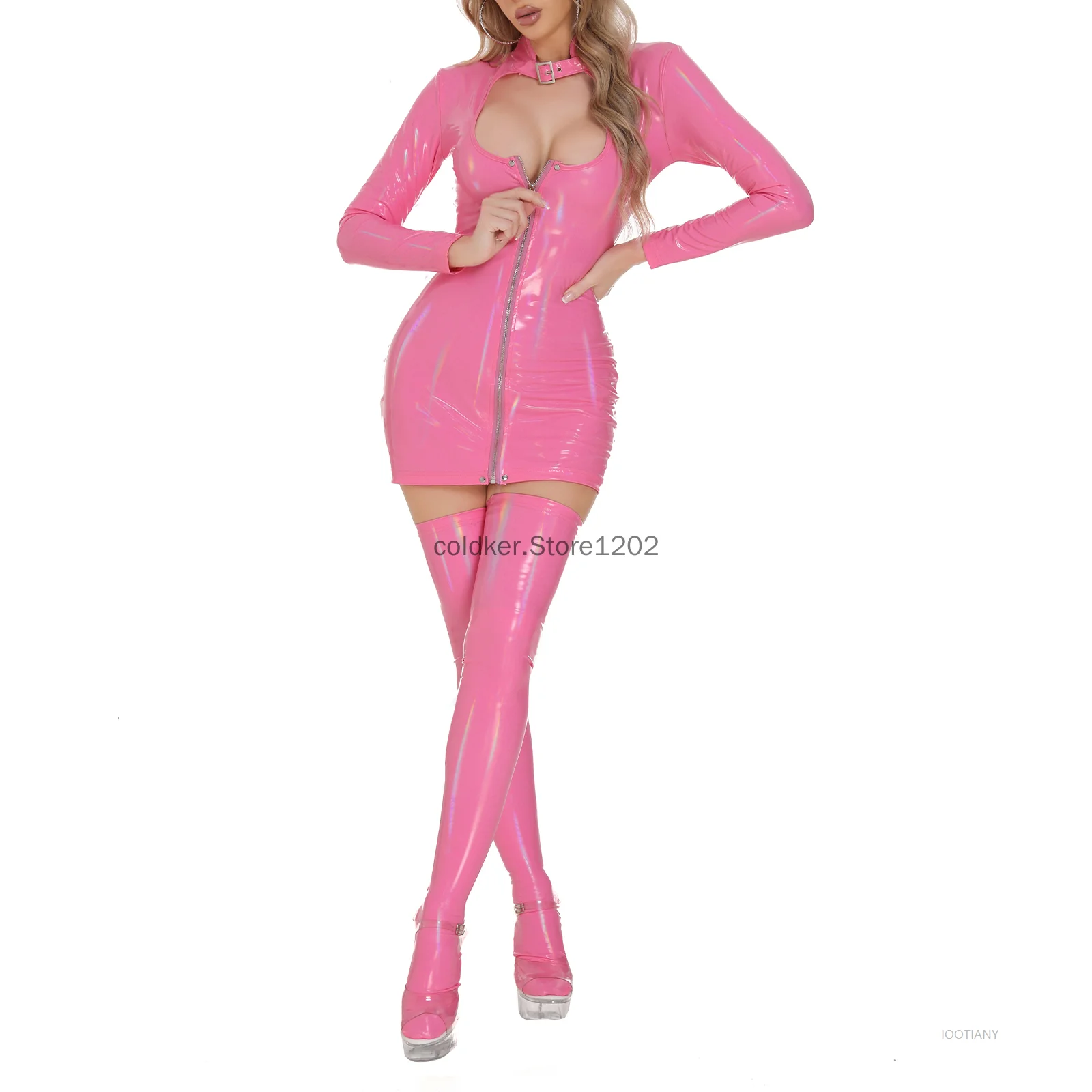 

2PCS Women PU Leather Bodycon Dress Cut Out Short Bunny Dress with Stockings Set Rave Party Club Wear Pole Dance Exotic Costumes