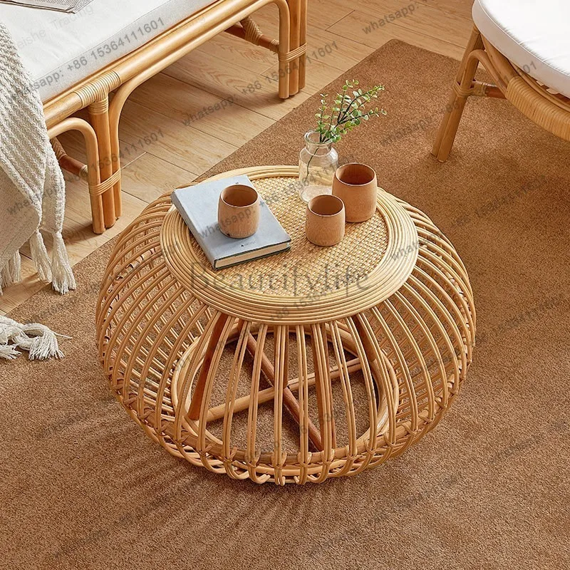 Natural style, hand-woven rattan, coffee table, homestay style, simple rattan art, Southeast Asia
