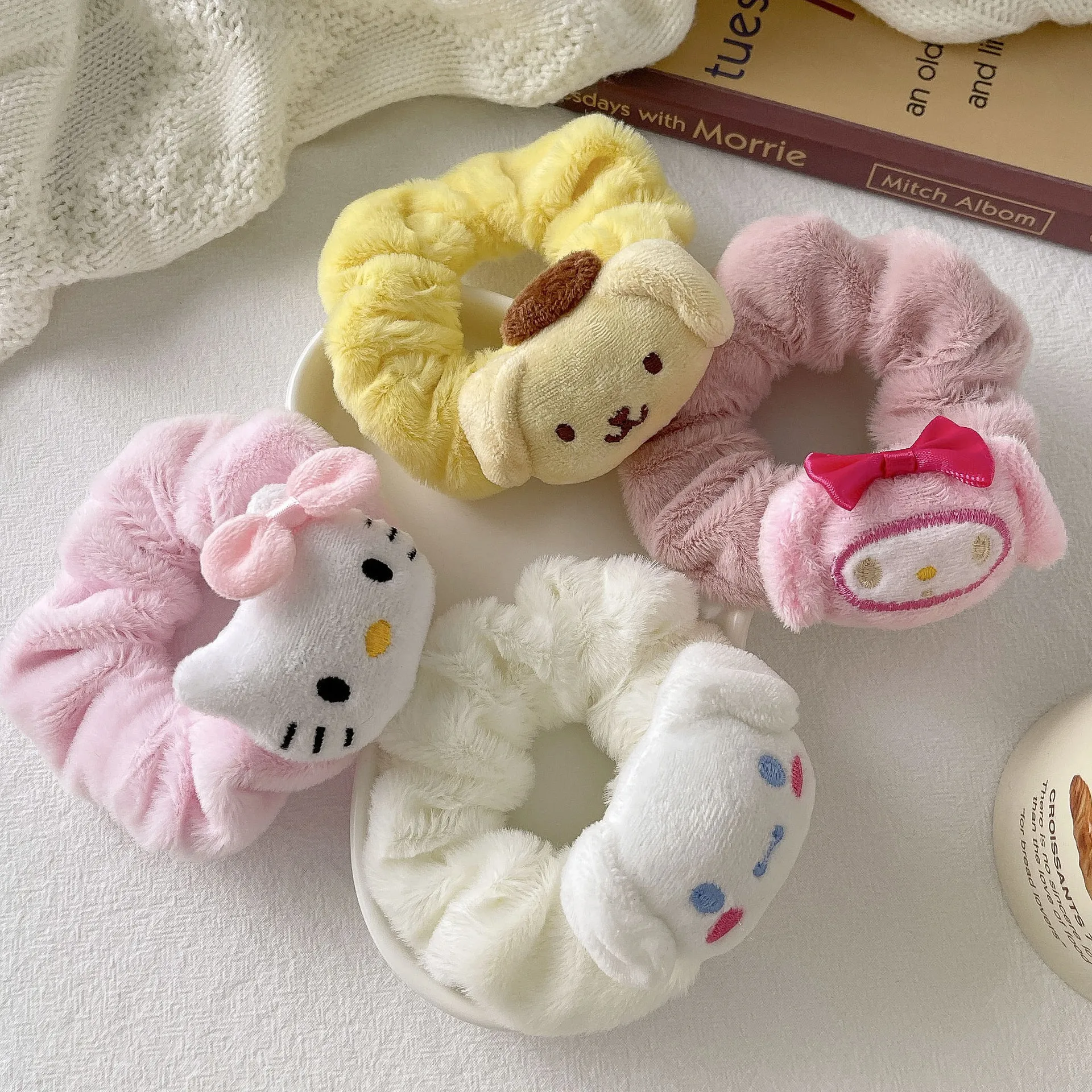 New Sanrio Kuromi Hello Kitty Cinnamoroll Anime Cartoon Plush Scrunchie Hair Rope Girl Ornament Kawaii Hair Accessories Kid Gift