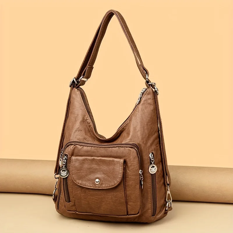 Large Capacity Multi-layer Crossbody Bag, Vintage Women's Backpack, Leather Fashionable Commuting Hand-held Shoulder Bags