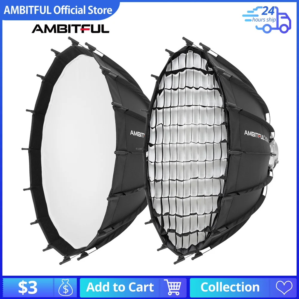 

Ambitful 60cm 23.6'' Studio Silver Wide Angle Beauty Dish Honeycomb Grid Bowens Mount for Godox SK400II QT600II SL200II VL300