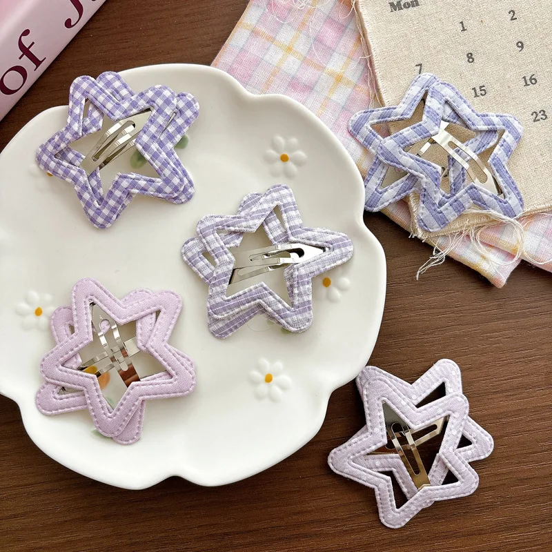 

Милые фиолетовые заколки-звездочки для девочек, универсальные боковые заколки в клетку и горошек, повседневные модные аксессуары для волос