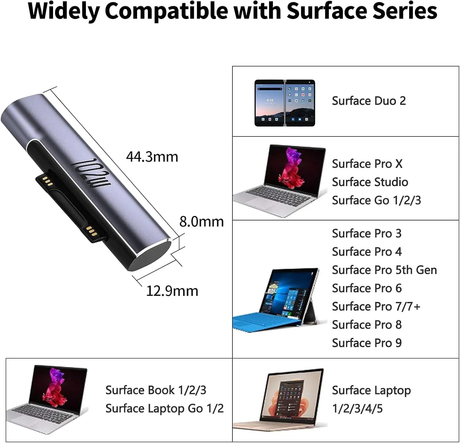 Magnetic Charger for Surface - 102W USB-C Female to Magnetic Male Charging Adapter, Type-C PD Power Charger Accessory for Micros
