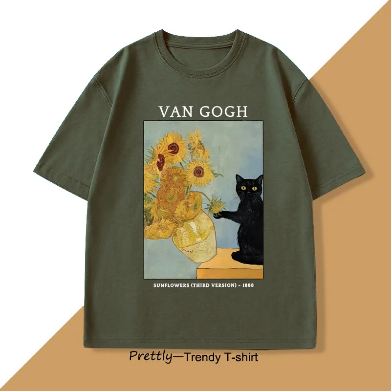 Van Gogh Sunflowers Print T-Shirt Men Women Vintage Harajuku Short Sleeve Tees Casual Round Neck Cotton Tee Shirt Clothes image 2