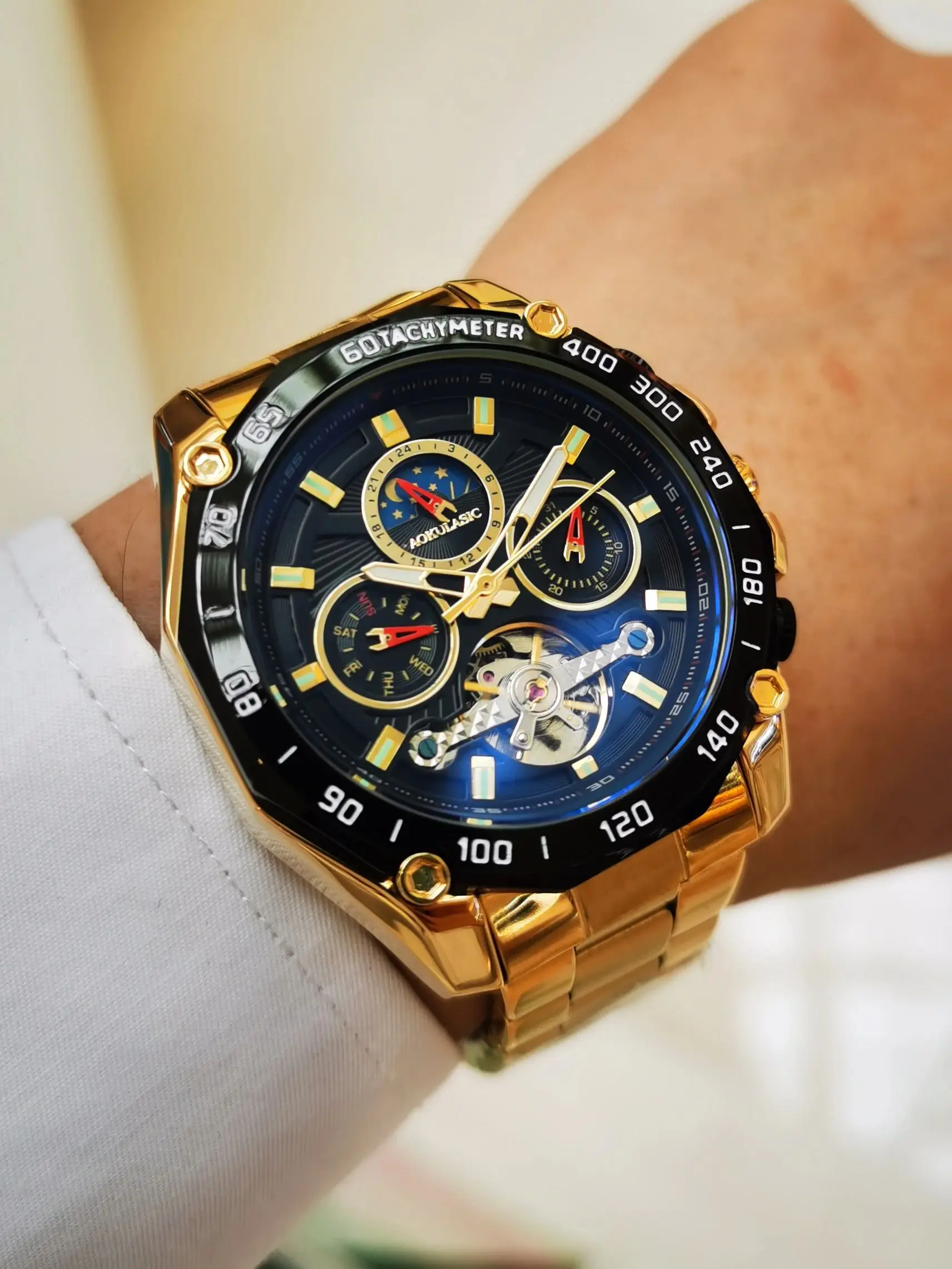 AOKULASIC Military Multifunction Watch for Men Tourbillon Gold Moon Phase Skeleton Automatic Mechanical Watches Stainless Steel