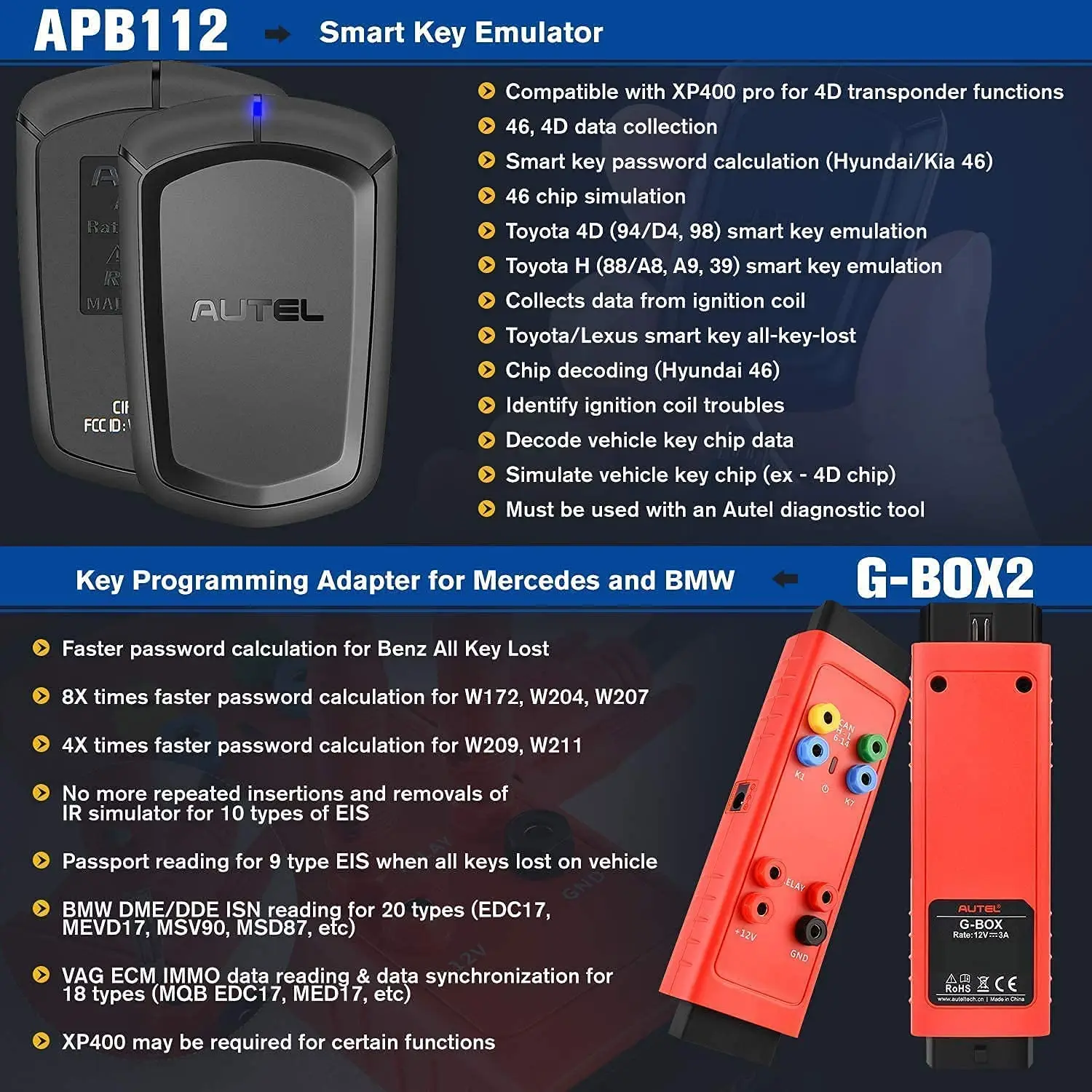 AUTEL G-BOX2 Key Programming Adapter for Mercedes and BMW APB112 Smart Key Simulator, TOYOTA 8A BLADE AKL Kit, Use w IM508/IM608