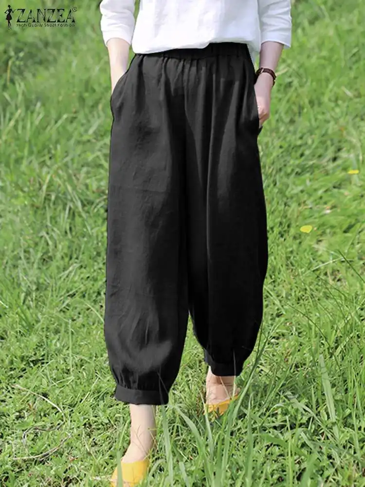 

ZANZEA Casual Loose Trousers Women Solid Long Pants Vintage Elastic Waist Pocket Harem Pants 2024 Summer Retro Baggy Bloomers