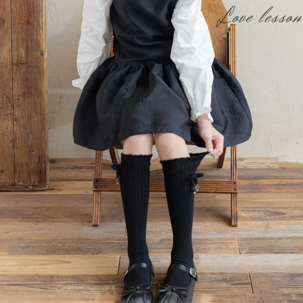Knee High Length Knee High Socks Ruffled Cuff Sweet Bow Slouch Socks Plaid Ball Ornament Calf Length Knitted Socks