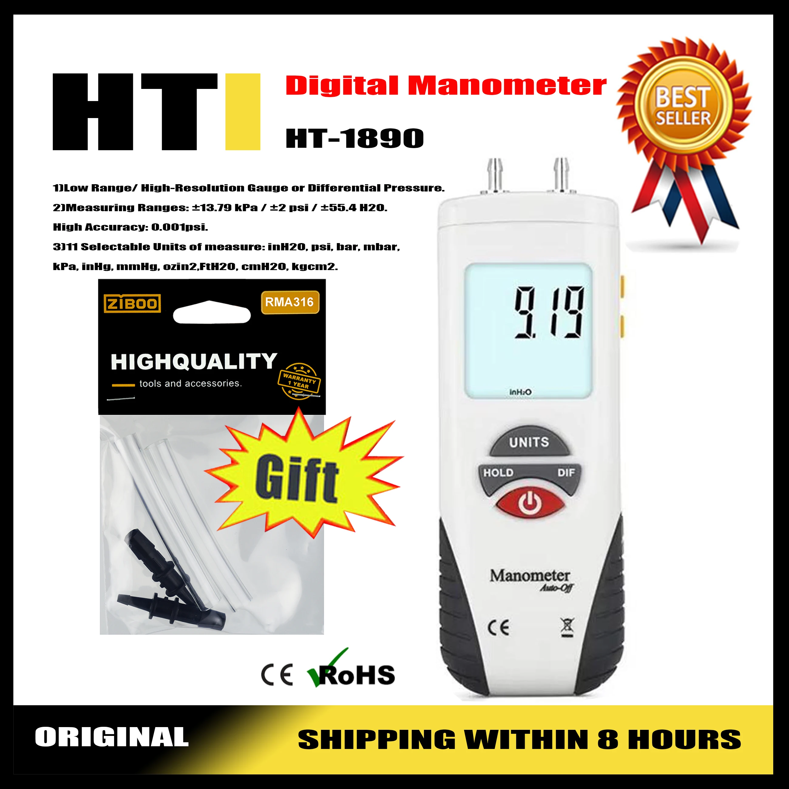 HTI HT-1890 Gas Pressure Gauge Manometer Handheld Digital Manometer Data Hold Dual Port Air Pressure Gauge HVAC Gas Teste Meter