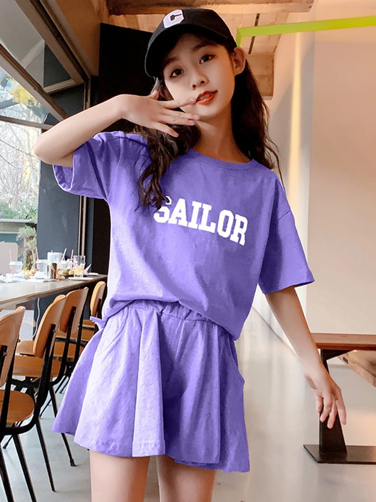 

Girls Summer Suits Thin Foreign-style Girls Short-sleeved Hakama Medium-sized Children's Summer Sports Two-piece Suit