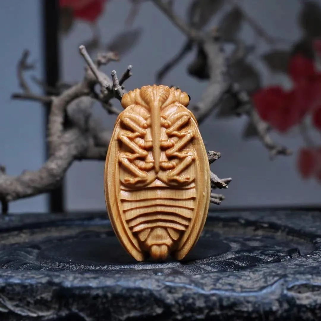 Yabai Wood Cicada Carving Hand-Carved Rebirth Talisman Summer Zen Artifact