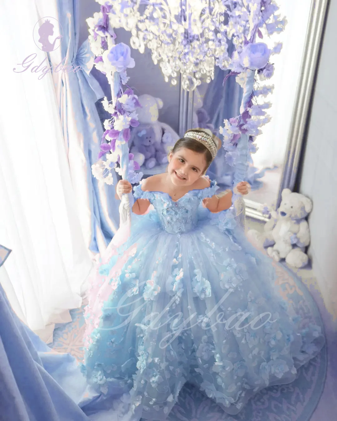 Rosa lila Blumenmädchenkleid für Hochzeit, schulterfrei, bodenlang, geschwollene 3D-Applikation, Prinzessin, Kindergeburtstag, Erstkommunionkleid